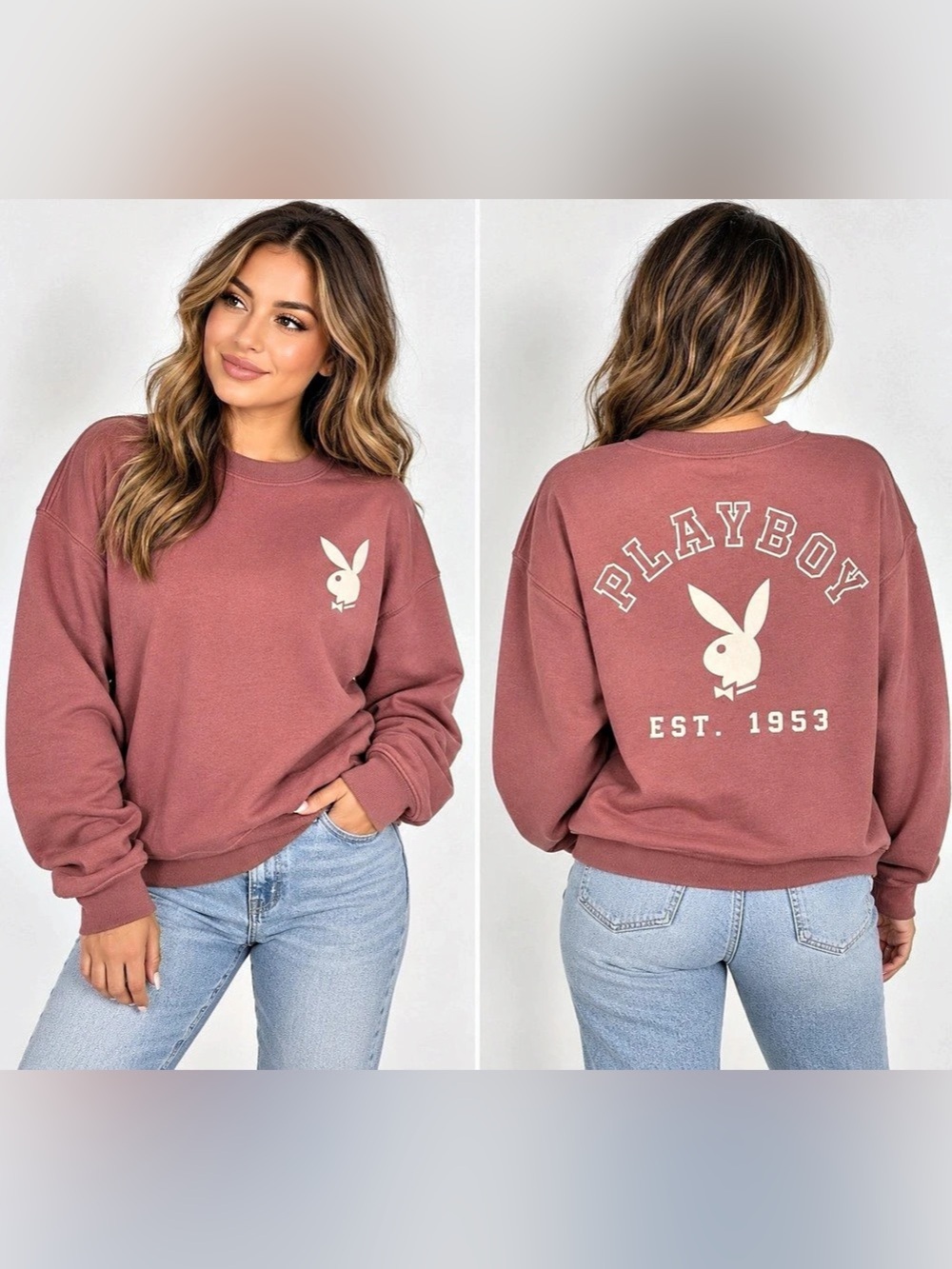 Playboy Women’s Medium Dusty Rose Oversized Crewneck Sweatshirt Bunny Logo